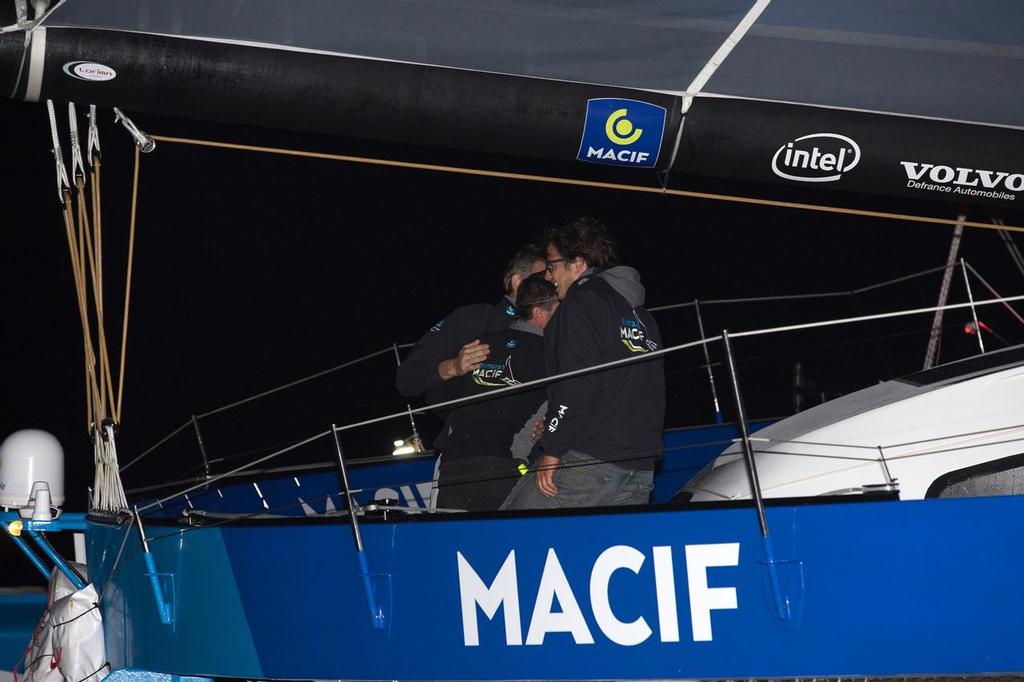 Ultime Macif, skippers Francois Gabart (FRA) and Pascal Bidegorry (FRA), winner of the Ultime category in 12d 17h 29mn 27sec, during the Transat Jacques Vabre sailing race arrivals  on november 07, 2015 in Itajai, Brazil  &copy;  Jean-Marie Liot / DPPI / TJV http://www.transat-jacques-vabre.com/
